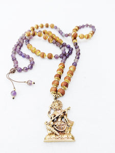 Yoga Mala | Amethyst Sandalwood Saraswati Pendant Necklace | 108 Beads