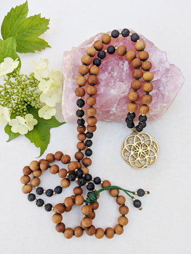 Yoga Mala | Black Lava Sandalwood Seed of Life Pendant Necklace | 108 Beads