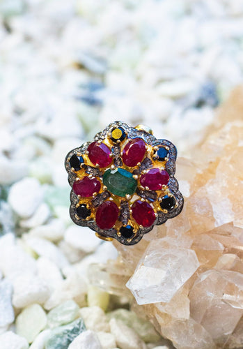 Shaan Ruby + Emerald + Diamond Ring