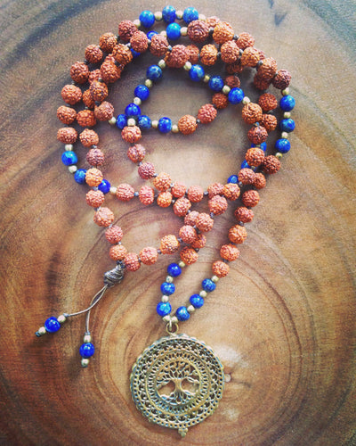 Yoga Mala | Lapis Lazuli Rudraksha Tree of Life Pendant Pendant Neckalce | 108 Beads