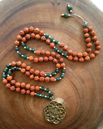 Yoga Mala | Green Aventurine Rudraksha Seed of Life Pendant Pendant Neckalce | 108 Beads