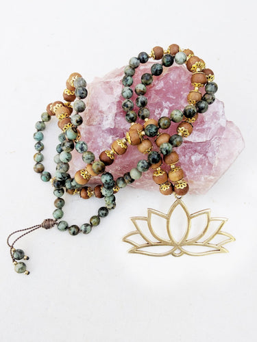 Yoga Mala | African Turquoise Sandalwood Lotus Pendant Necklace | 108 Beads