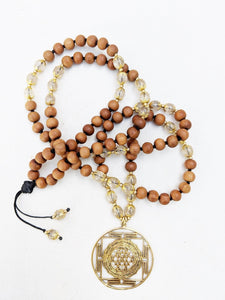 Yoga Mala | Rutilated Quartz Sandalwood Sri Yantra Mandala Pendant Necklace | 108 Beads