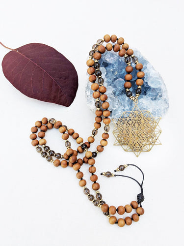 Yoga Mala | Smoky Quartz Sandalwood Sacred Geometry Pendant Necklace | 108 Beads
