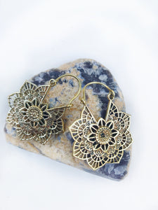 Flower Mandala Brass Hoop Earrings