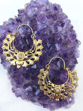Load image into Gallery viewer, Moonstone Flower Mandala Hoop Brass Earrings