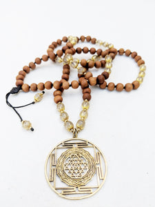 Yoga Mala | Rutilated Quartz Sandalwood Sri Yantra Mandala Pendant Necklace | 108 Beads