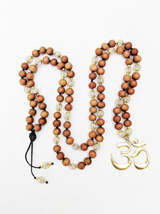 Yoga Mala | White Agate Sandalwood Om Pendant Necklace | 108 Beads