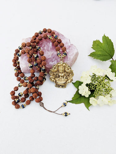 Yoga Mala | Lapis Lazuli Rudraksha Lakshmi Pendant Necklace | 108 Beads