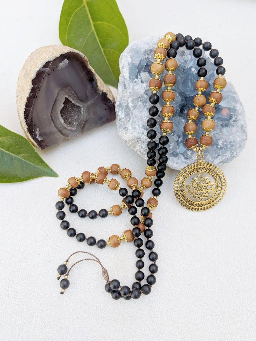Yoga Mala | Black Onyx Sandalwood Sri Yantra Pendant Necklace | 108 Beads