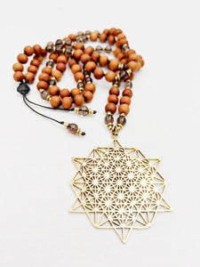 Yoga Mala | Smoky Quartz Sandalwood Sacred Geometry Pendant Necklace | 108 Beads