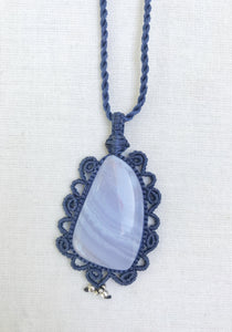 Blue Lace Agate Necklace | Micro Macrame | Handmade One of a Kind | Silver Accents