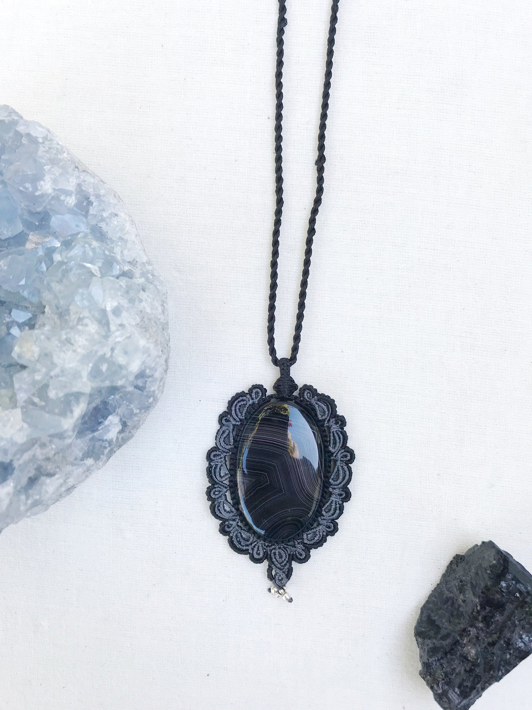 Agate Necklace | Micro Macrame | Handmade One of a Kind | Silver Accents