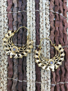 Moonstone Flower Mandala Hoop Brass Earrings